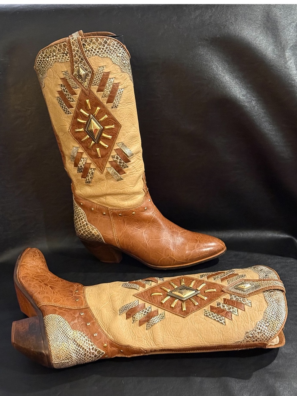 Vintage Buttero Southwestern Leather Size EU 39.5 Low Heels Tall Cowgirl Boots